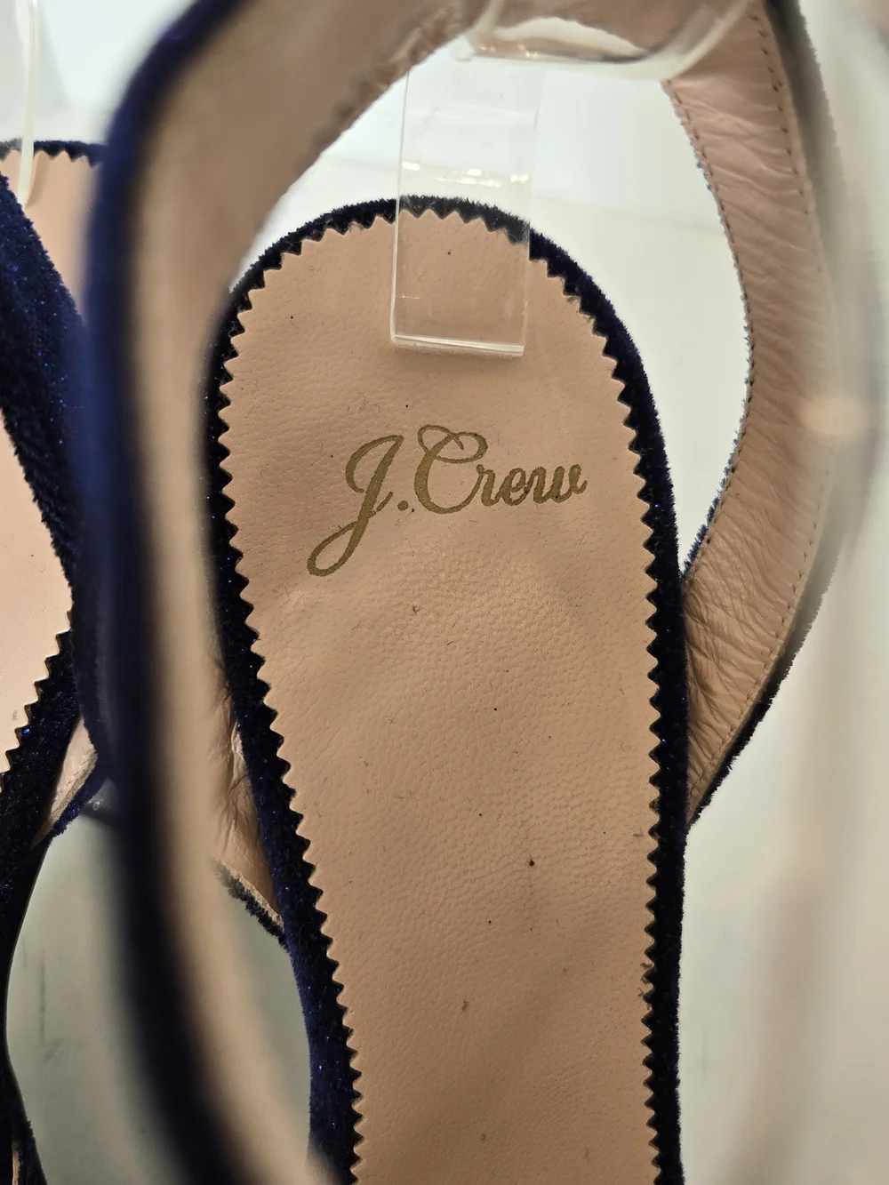 J. Crew Harlow Navy Velvet Ankle-Strap Block Heels Silver Glitter Heel